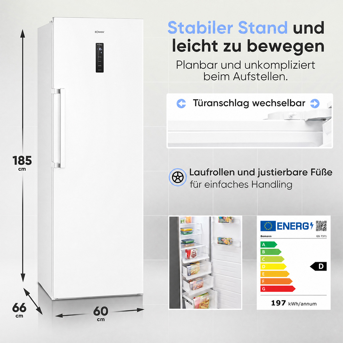 Ein weißer Bomann Kühlschrank mit Maßen 185x66x60 cm und Energieeffizienzlabel.