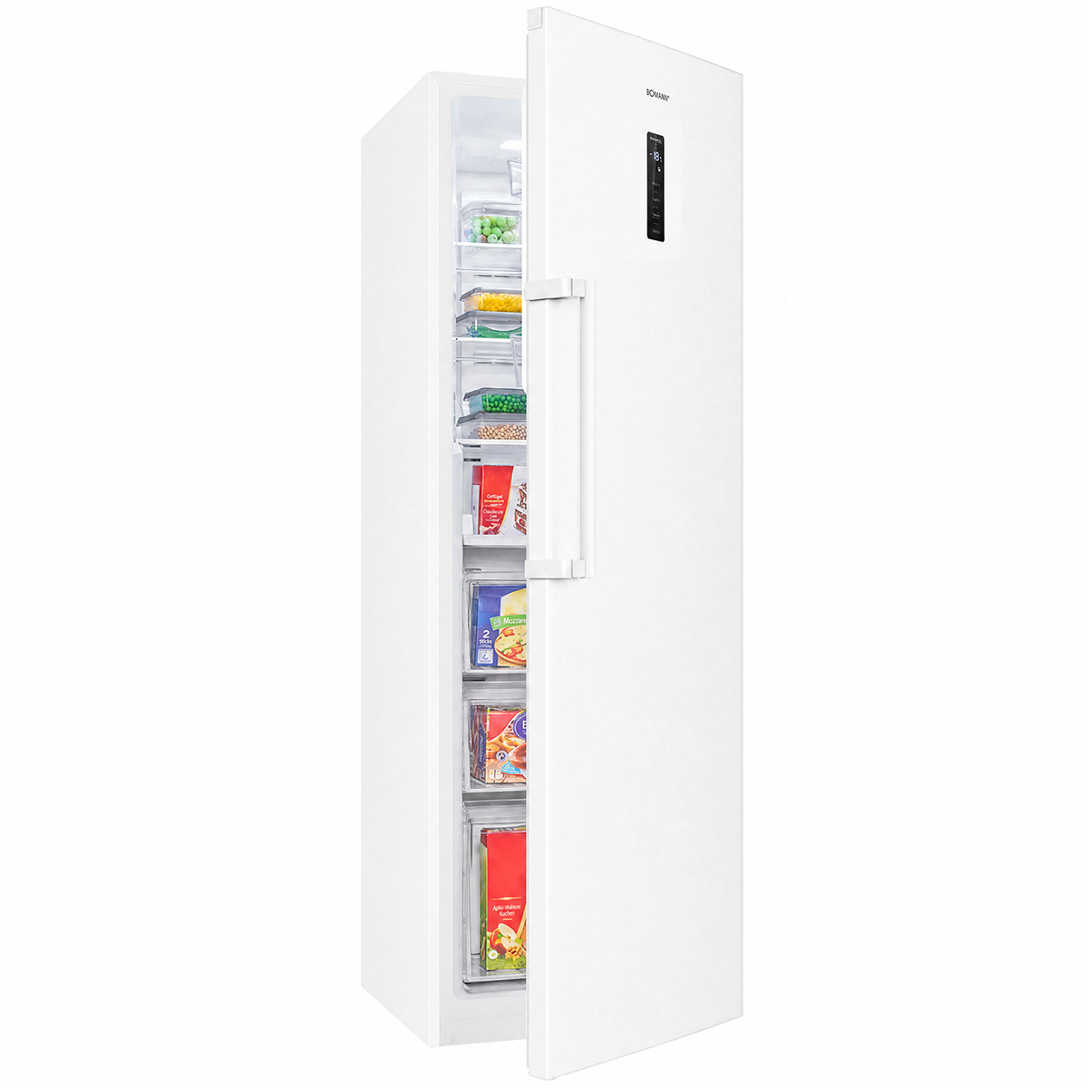 Ein weißer Kühlschrank mit offener Tür, gefüllt mit gefrorenen Lebensmitteln.