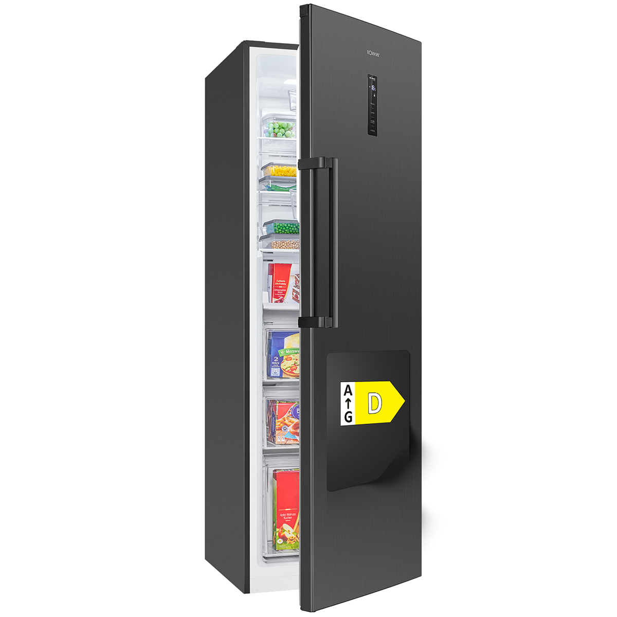 Schwarzer Kühlschrank mit offener Tür, gefüllt mit Lebensmitteln und Energie-Label.