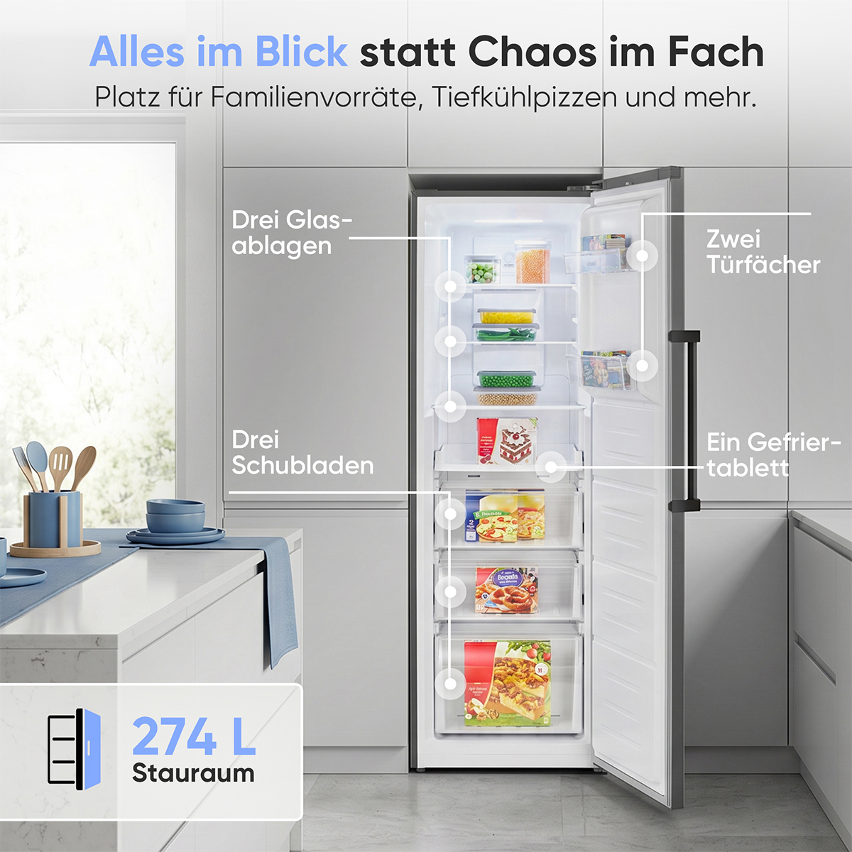 Offener Gefrierschrank mit 3 Glasablagen, 3 Schubladen und 2 Türfächern.