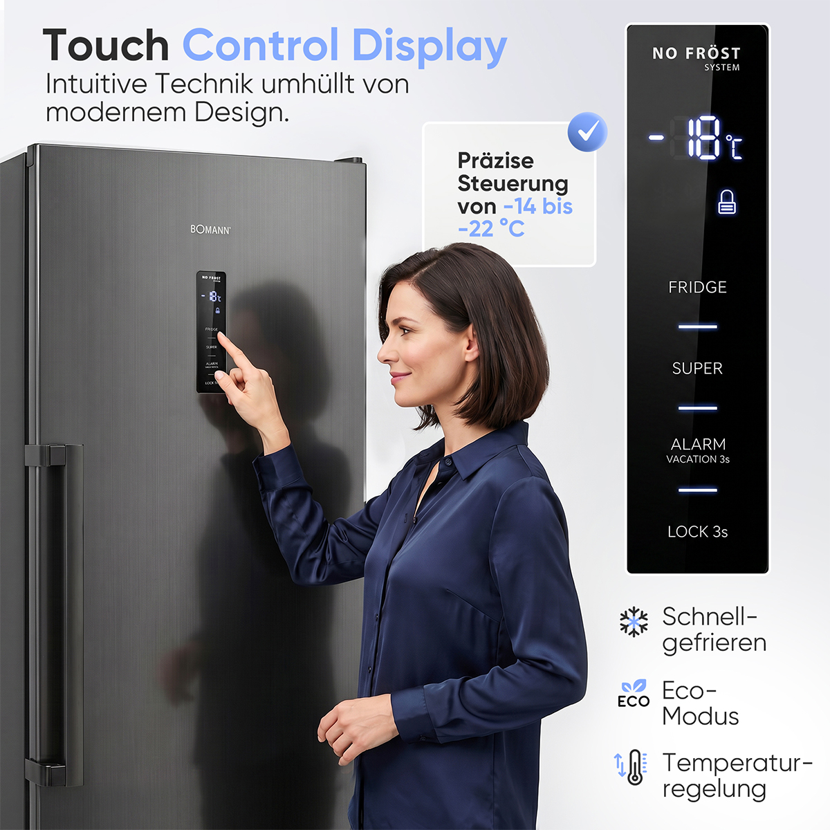Frau bedient Touchscreen-Kühlschrankdisplay mit Temperaturwahl.
