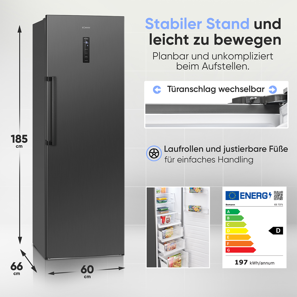 Schwarzer Kühlschrank, 185x60x66 cm, mit Anzeige, Türanschlag wechselbar, Rollen.