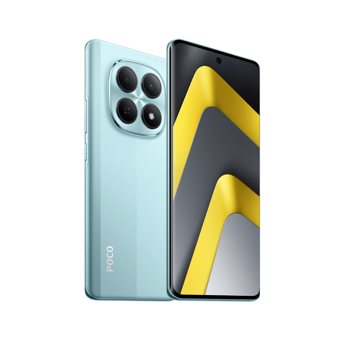 Smartphone azzurro con fotocamera quadrupla e logo POCO.