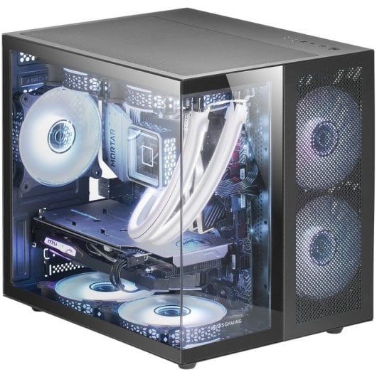 Un case PC trasparente con ventole bianche e illuminazione RGB.
