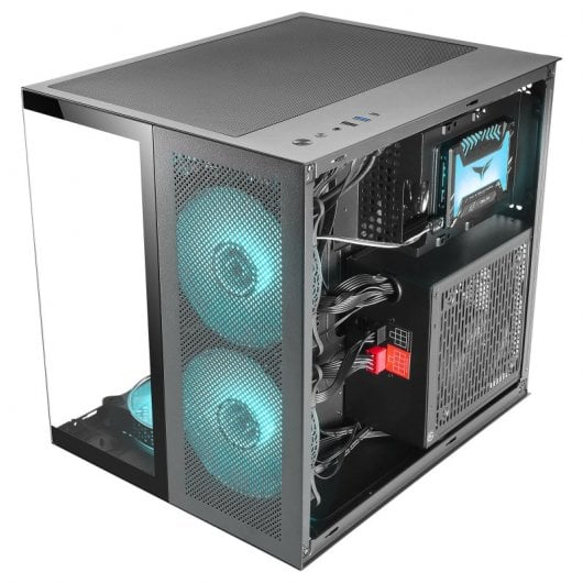 Un case PC nero aperto con ventole blu e cavi visibili.