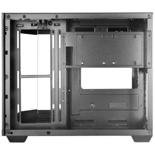 Interior vacío de caja de computadora negra con rieles plateados y puntos de montaje.