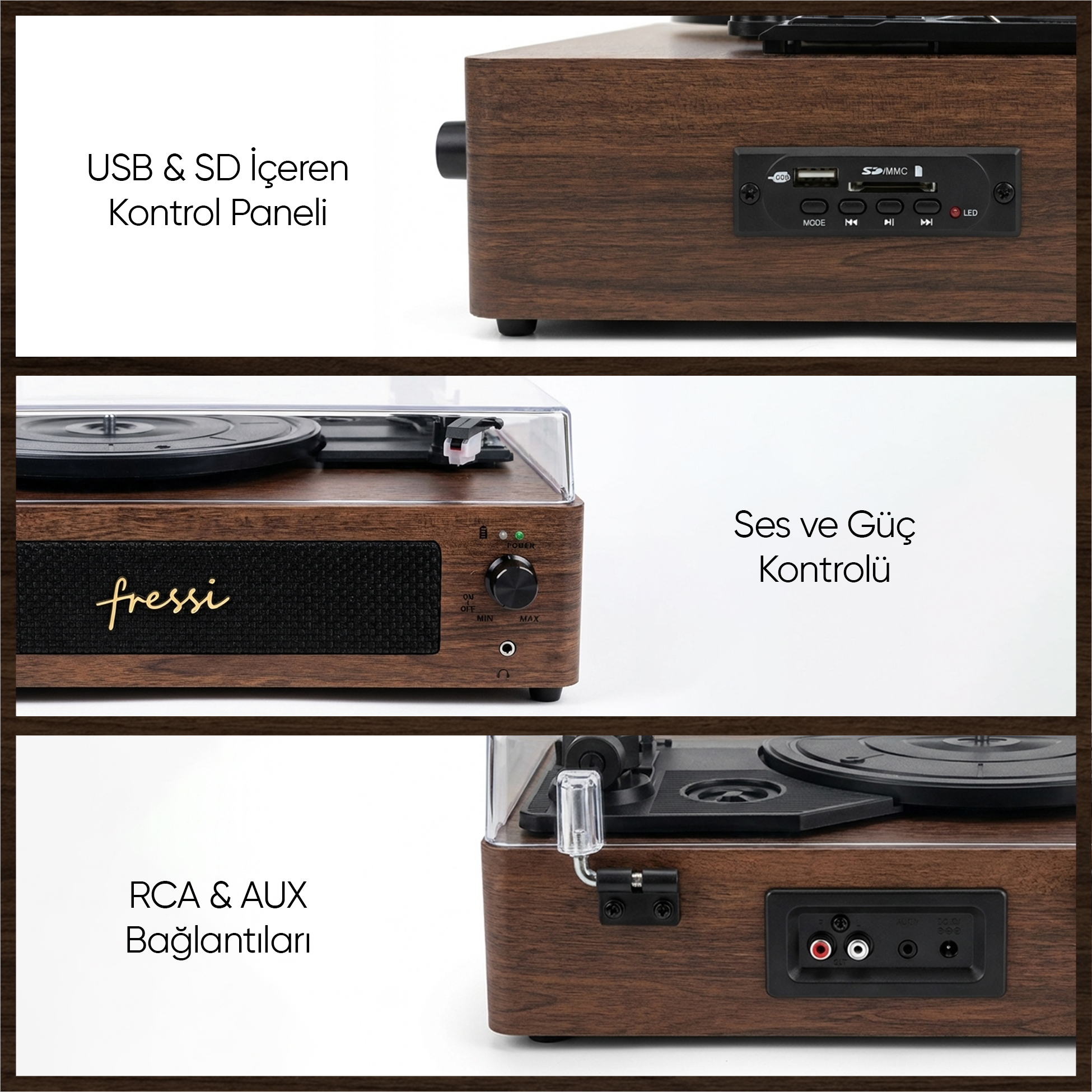 USB/SD portlu, ses ayarlı ahşap pikap. Fressi logosu. RCA & AUX girişleri.