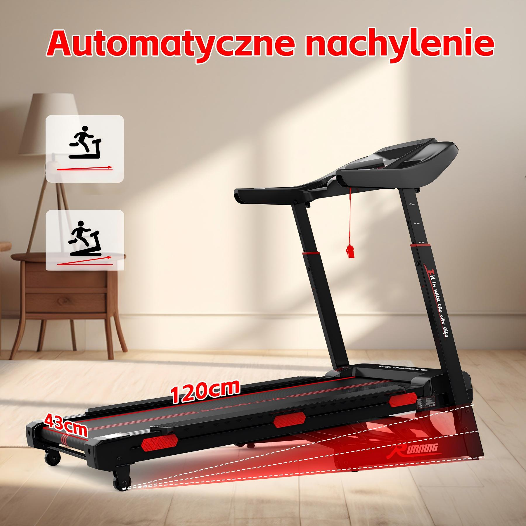 Czarna bieżnia z czerwonymi akcentami, wymiary 43cm i 120cm.