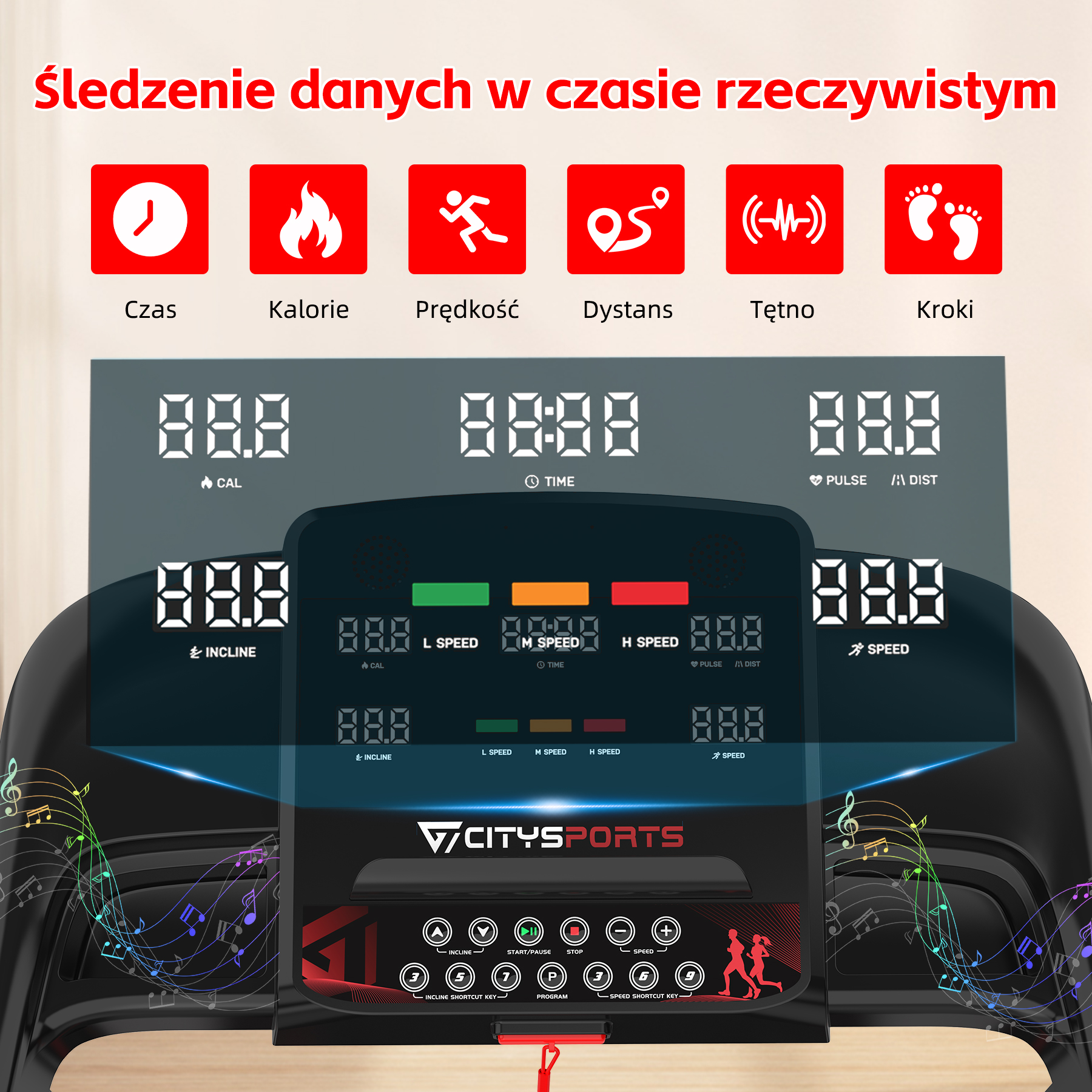 Wyświetlacz bieżni pokazuje czas, kalorie, prędkość, dystans, puls, nachylenie.