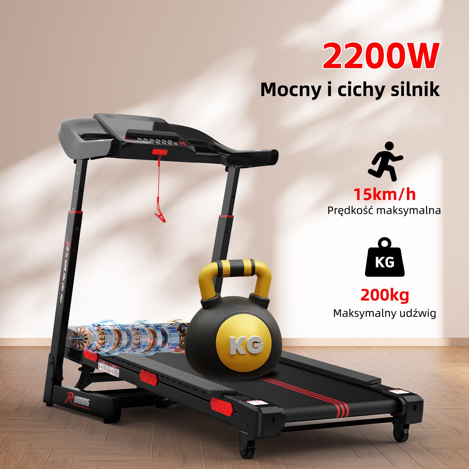 Bieżnia z silnikiem 2200W, max. prędkość 15km/h, max. obciążenie 200kg. Żółta kettlebell.