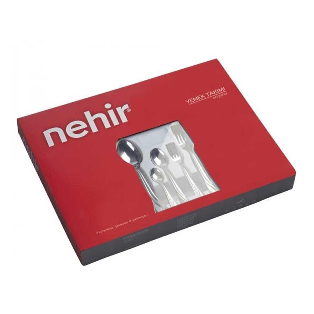 Nehir logolu kırmızı kutu, içinde 60 adet gümüş rengi çatal bıçak takımının göründüğü pencere.