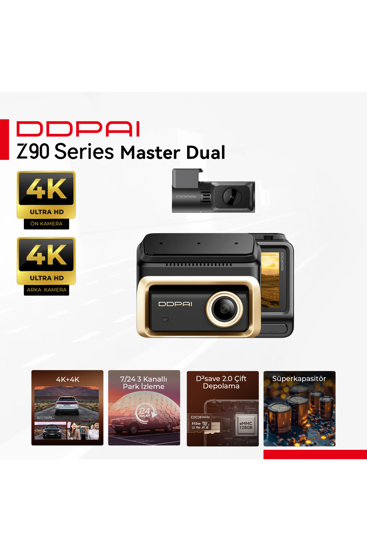 DDPAI Z90 Series Master Dual araç kamerası, 4K Ultra HD ön ve arka kameralı.