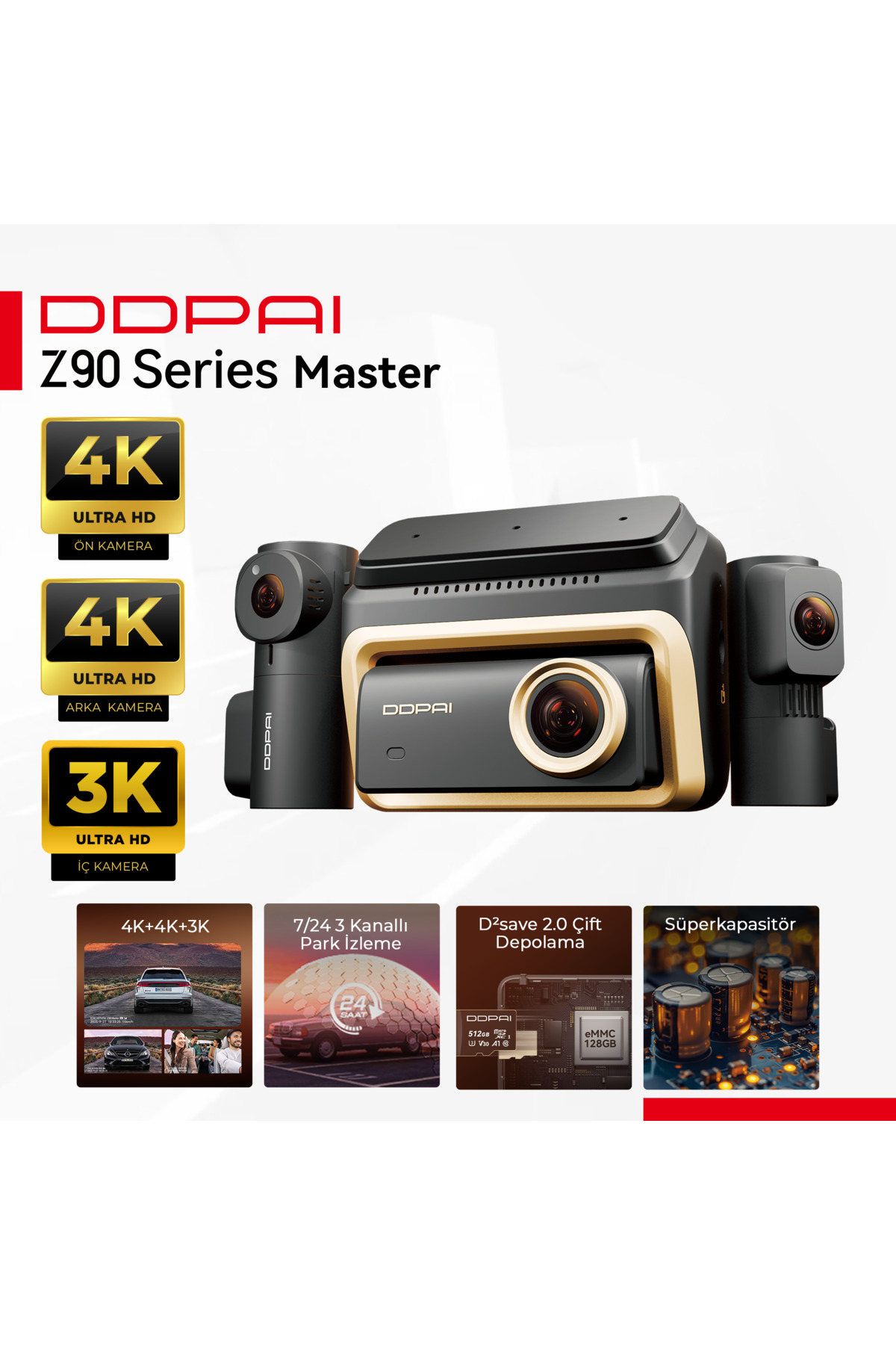 DDPAI Z90 Series Master araç kamerası, 4K ön, 4K arka ve 3K iç kamera özellikli.