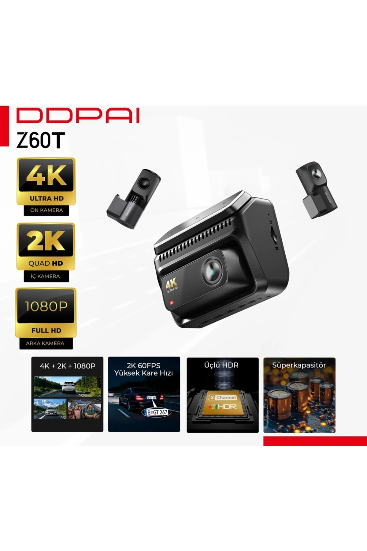 DDPAI Z60T araç kamerası 4K, 2K, 1080P çözünürlük, üç kamera ve süperkapasitörlü.