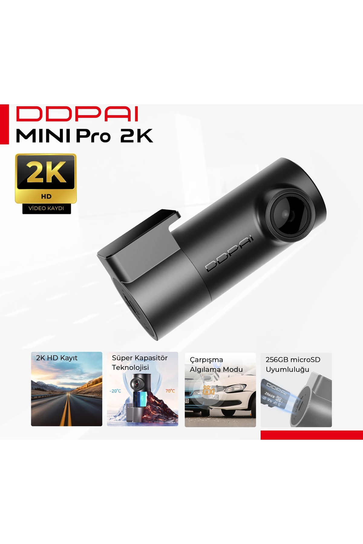 2K HD kayıt, çarpışma algılama ve microSD depolama özellikli siyah araç kamerası.