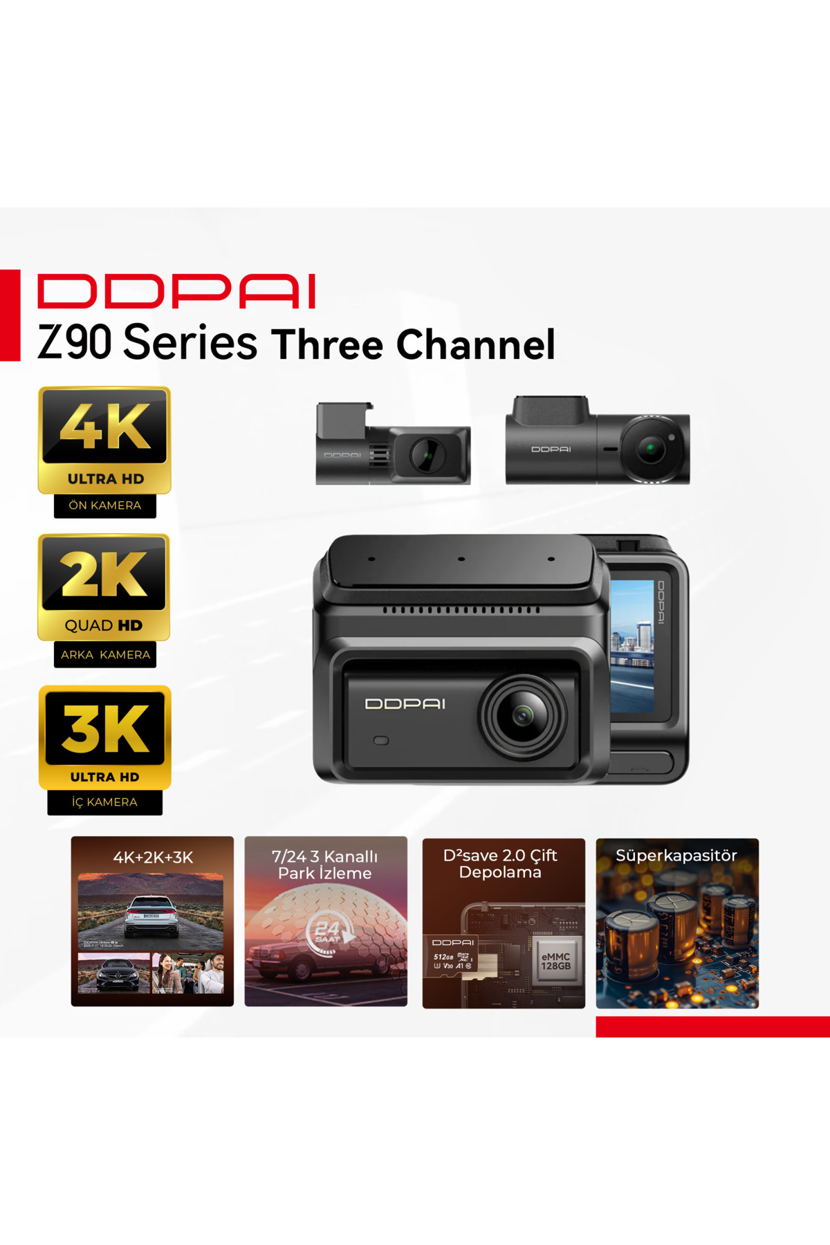 DDPAI Z90 Serisi: 4K ön, 2K arka, 3K iç kamera. Park izleme özellikli.