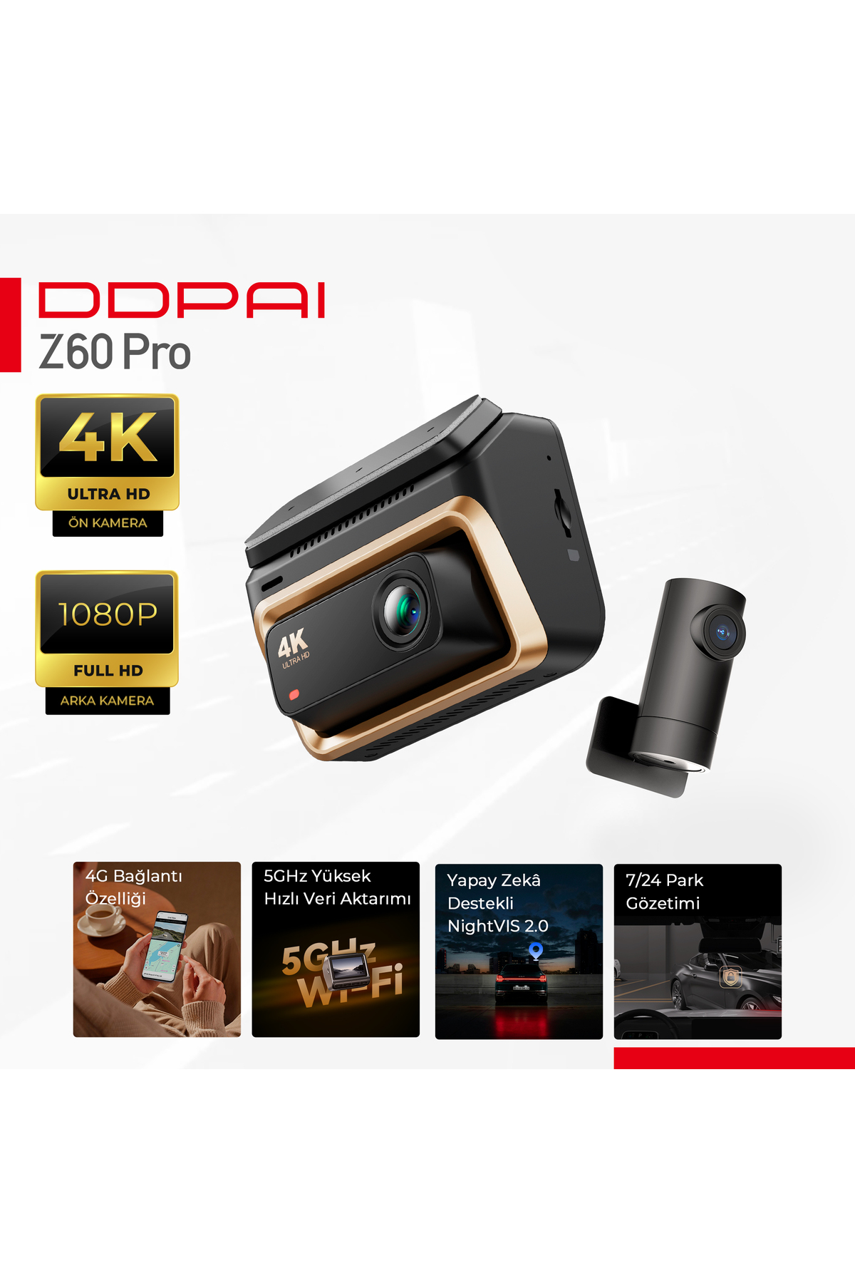 DDPAI Z60 Pro araç kamerası, 4K Ultra HD ön ve 1080p arka kamera.
