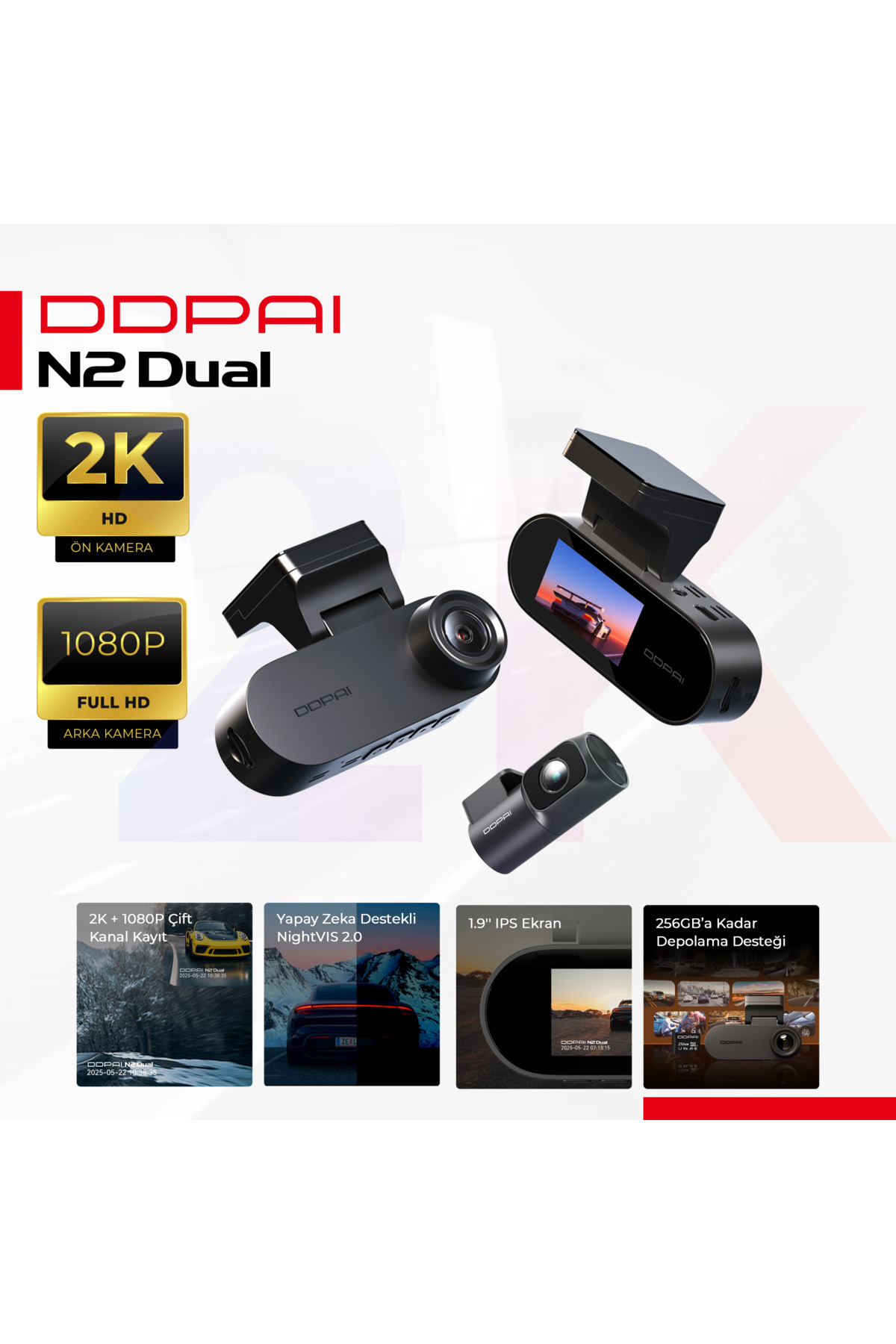 DDPAI N2 Dual 2K ön ve 1080P arka kameralı araç kamerası.