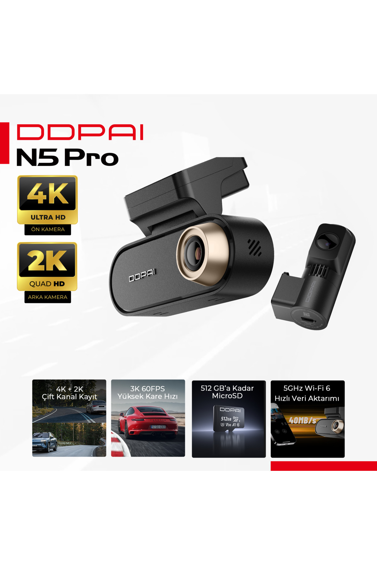 DDPAI N5 Pro araç kamerası, 4K ve 2K kayıt, MicroSD depolama ve Wi-Fi 6 özellikli.