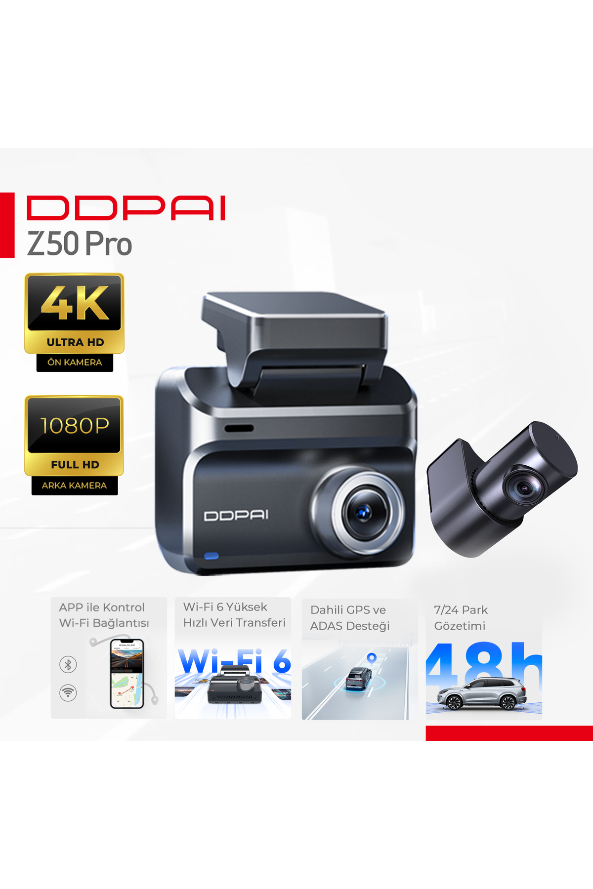 DDPai Z50 Pro: 4K ön, 1080p arka kamera. Wi-Fi 6, GPS, ADAS özellikli.