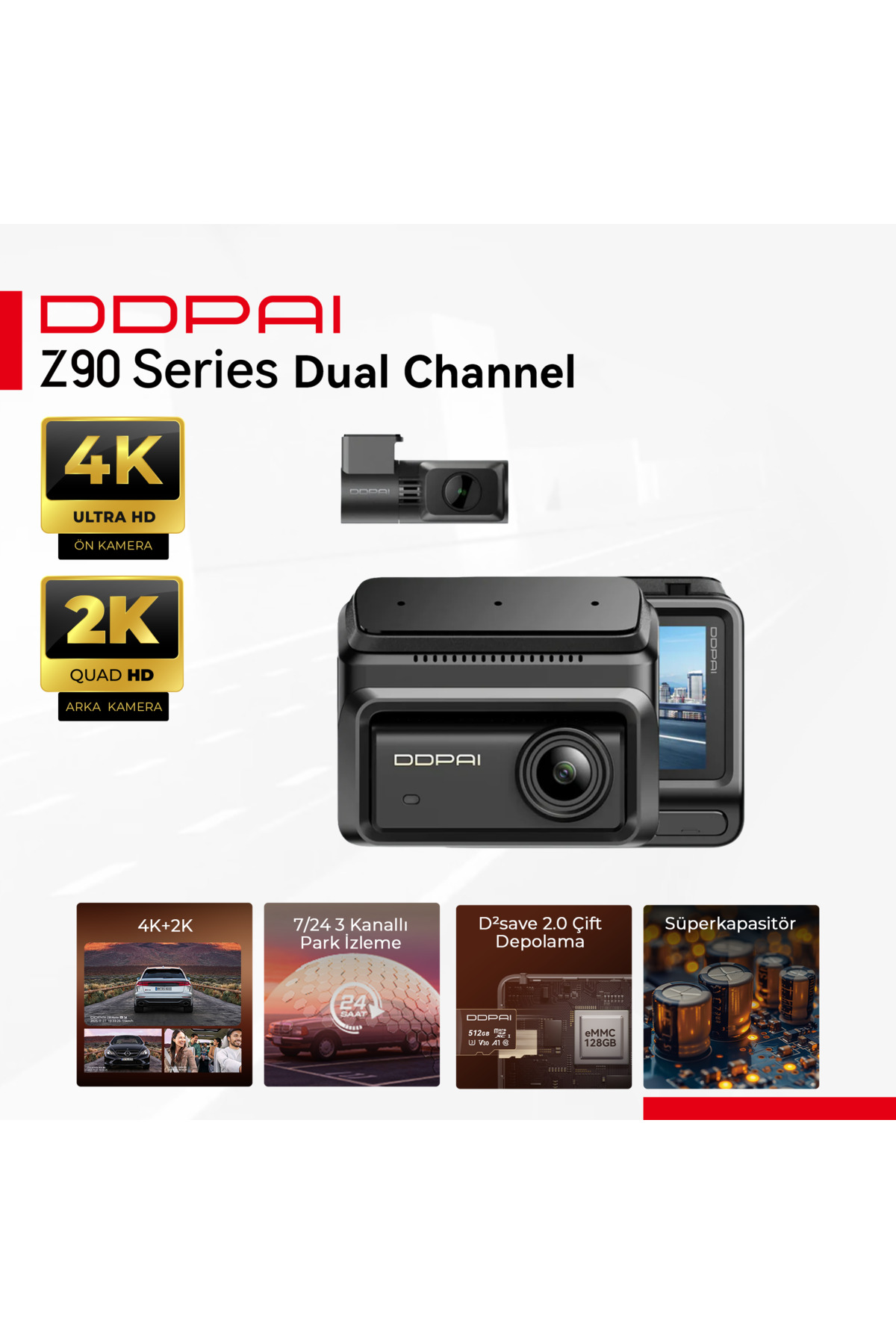 DDPai Z90 Serisi Çift Kanallı 4K ön kamera araç kamerası.