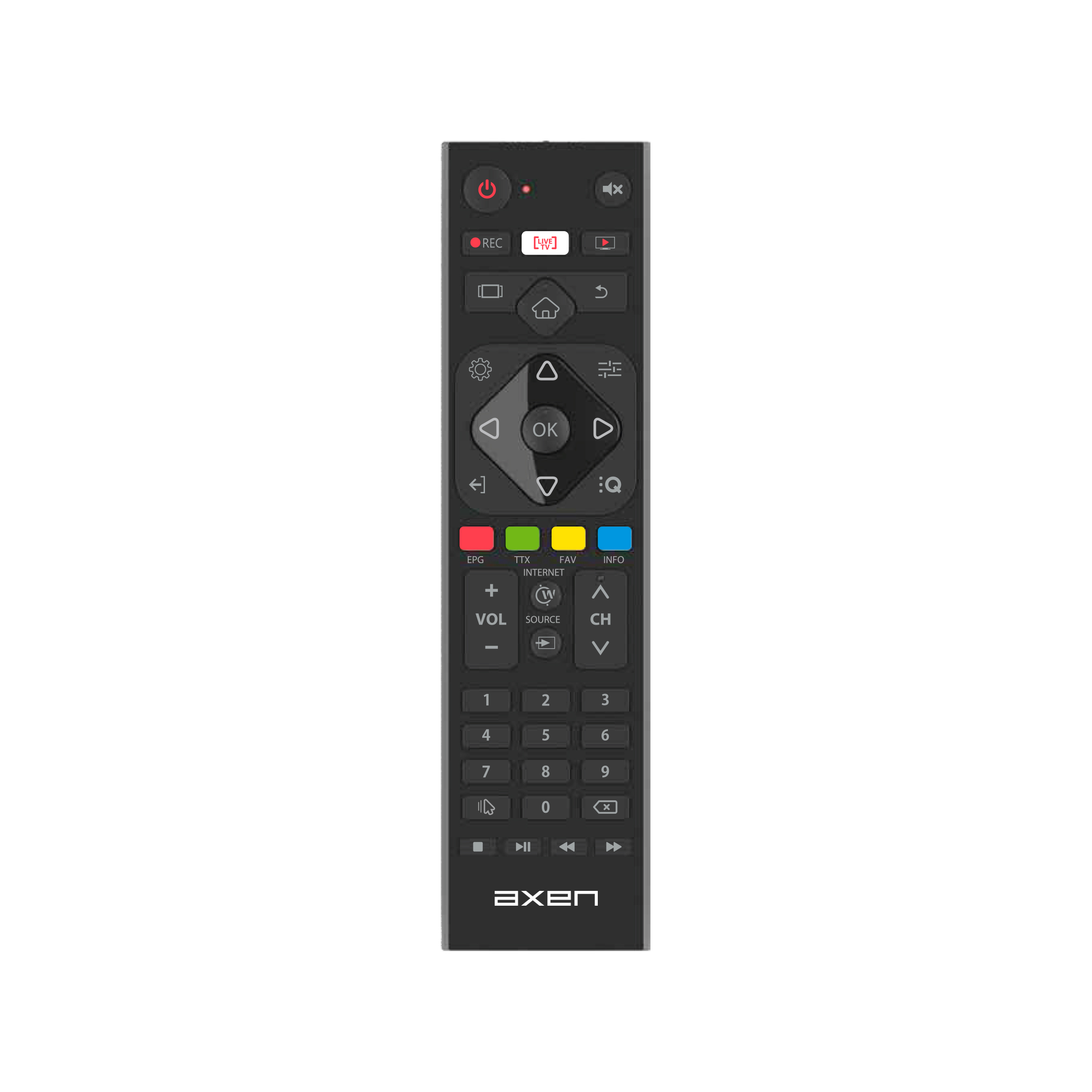 Güç, ses, kanal ve sayısal tuş takımı düğmelerine sahip siyah uzaktan kumanda.