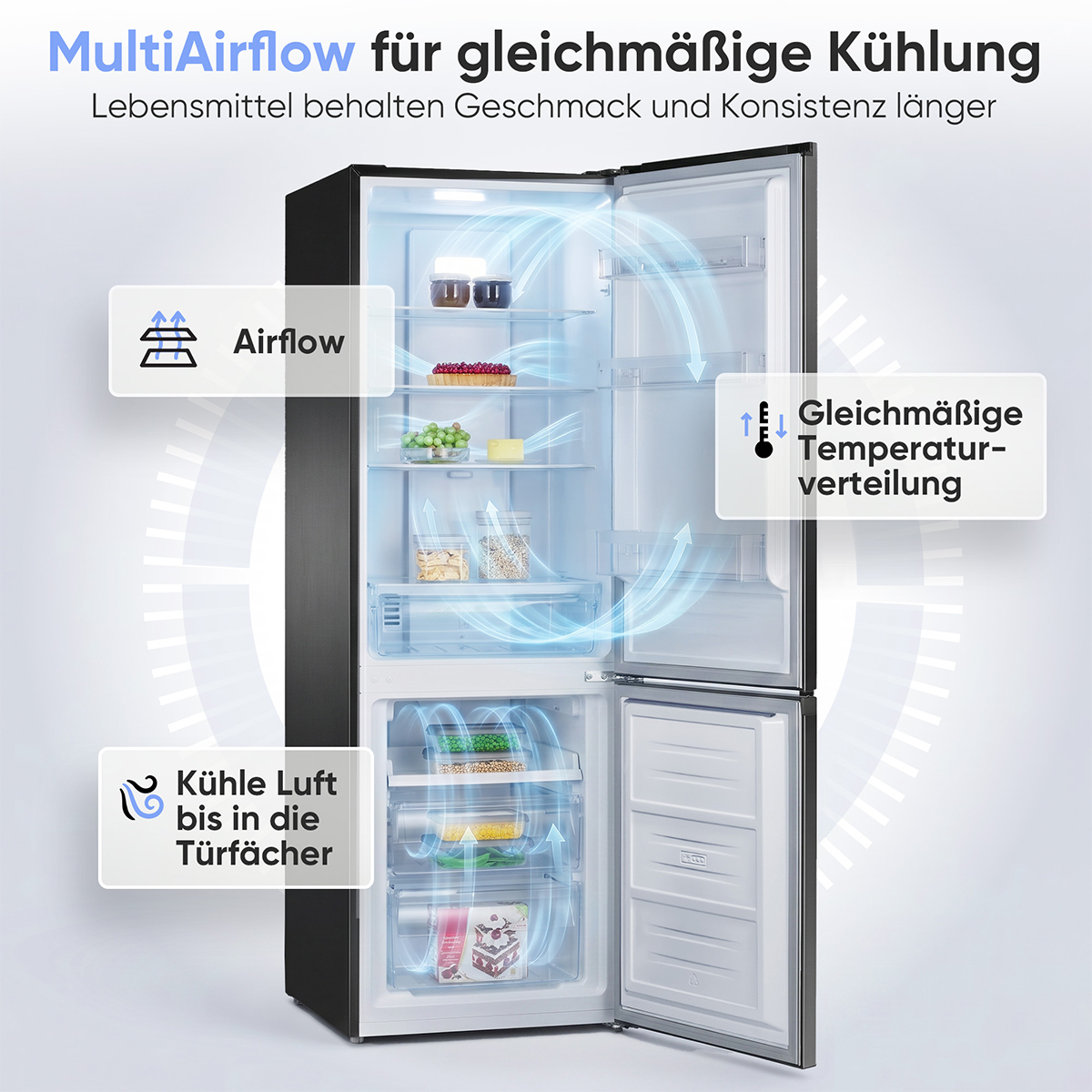 Ein offener Kühlschrank mit Kühlrippen, die Luftstrom und gleichmäßige Temperatur zeigen.