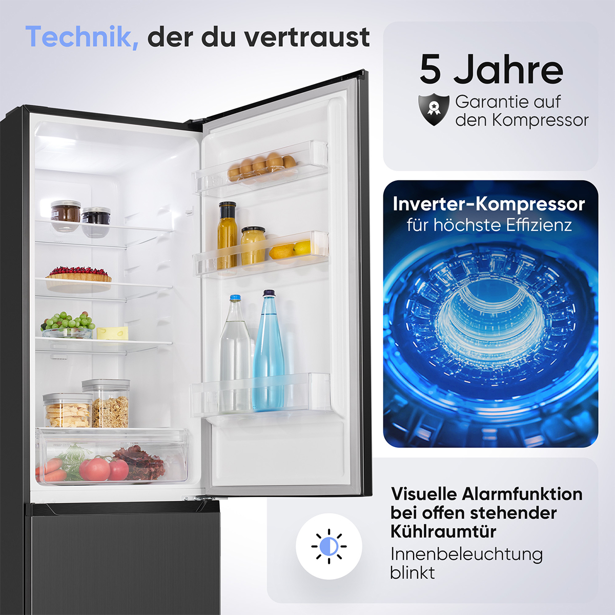 Offener Kühlschrank mit Lebensmitteln, Garantie- und Kompressor-Infos.