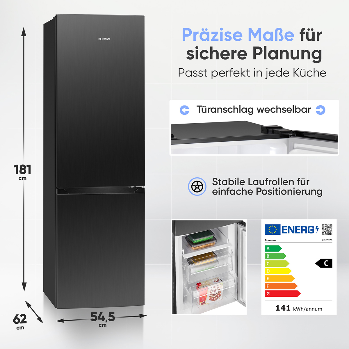 Schwarzer Bomann Kühlschrank, 181x54,5x62cm, mit Türanschlagwechsel und Rollen.