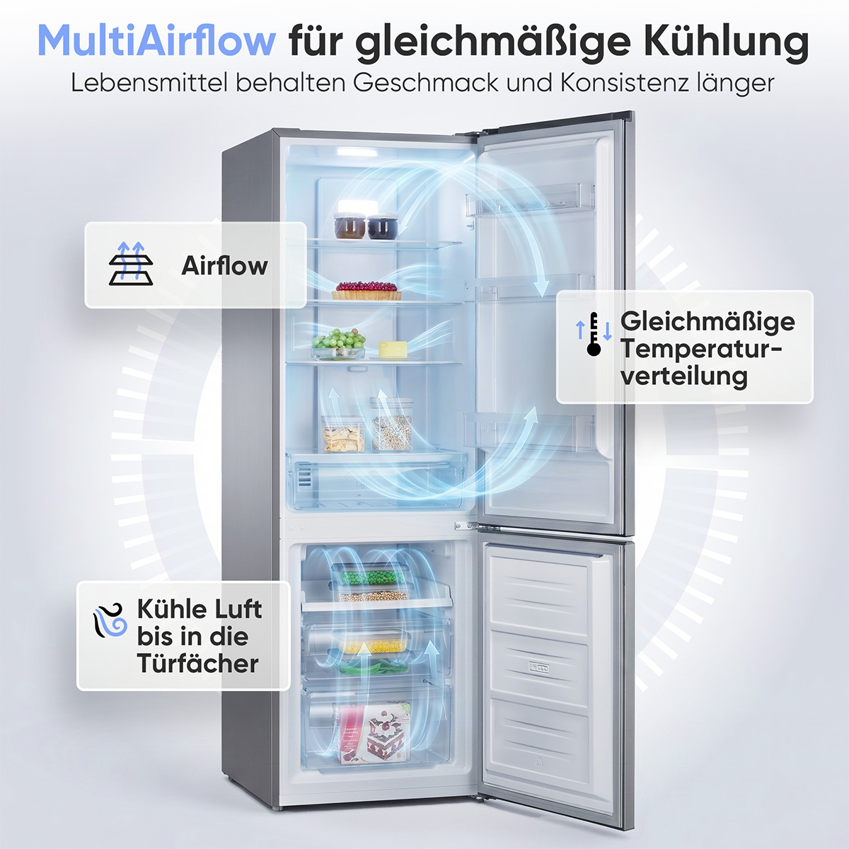 Ein offener Kühlschrank mit Luftstrom-Diagrammen, die gleichmäßige Kühlung zeigen.