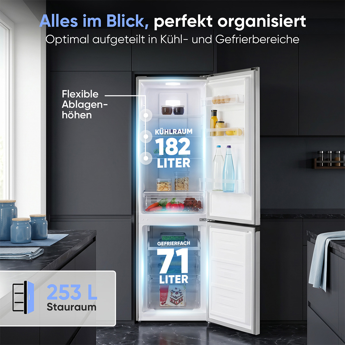 Ein offener Kühlschrank mit 182 L Kühlraum und 71 L Gefrierfach.