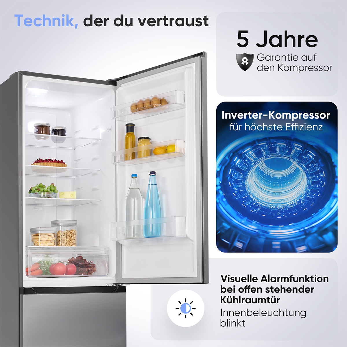 Ein offener Kühlschrank mit Lebensmitteln und Produktinfos.