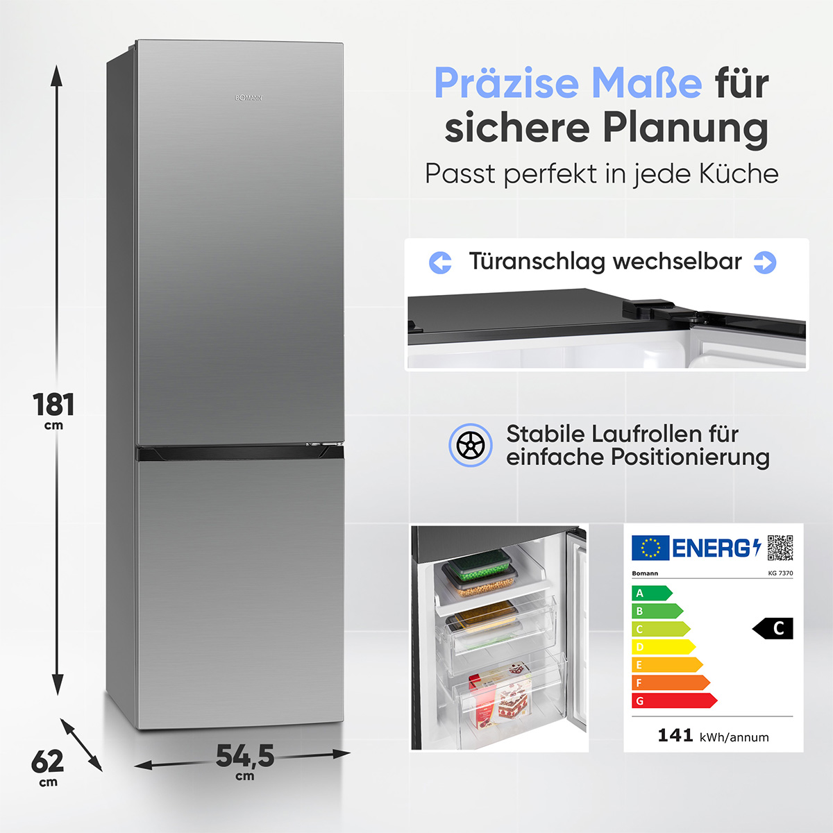 Silberner Kühlschrank mit Maßen: 181x62x54.5cm. Text über Türen & Rollen.