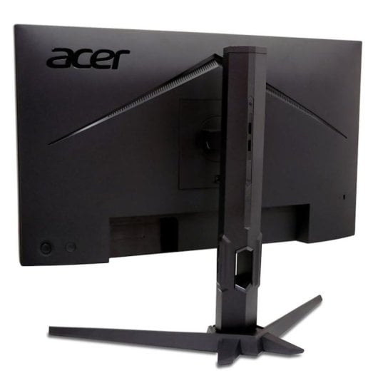 Vista trasera de un monitor Acer negro con un soporte triangular.