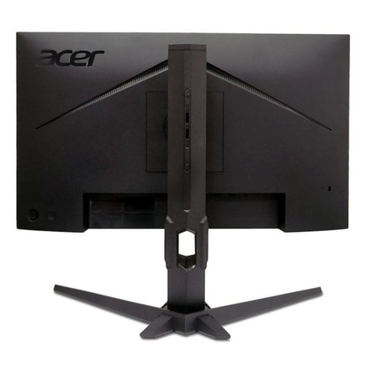 Vista trasera de un monitor Acer negro con un soporte robusto.