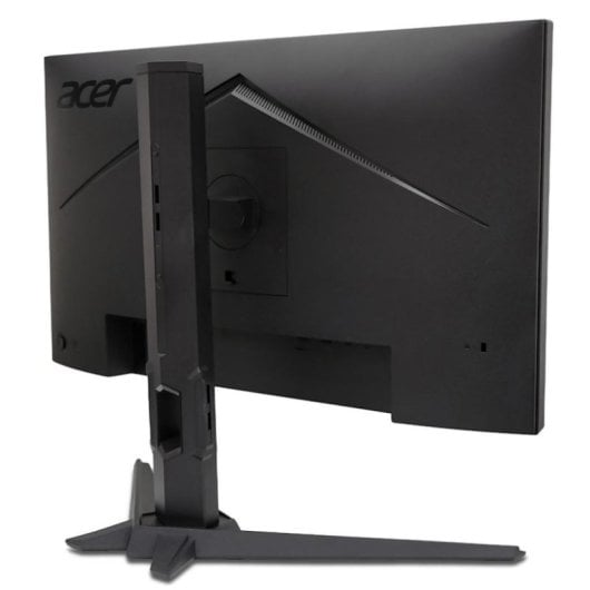 Vista trasera de un monitor Acer negro con soporte sobre fondo blanco.