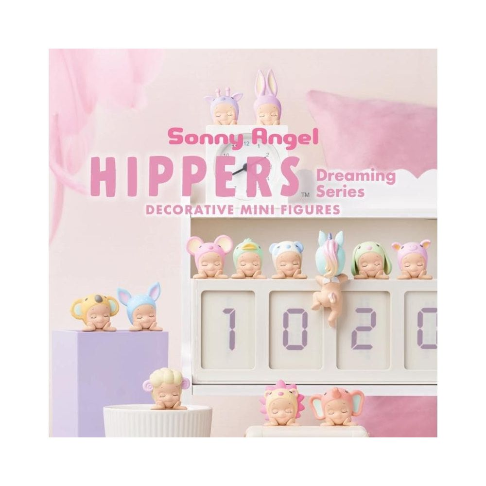 Sonny Angel HIPPERS "Dreaming Series" Deko-Mini-Figuren, zart rosa Hintergrund.