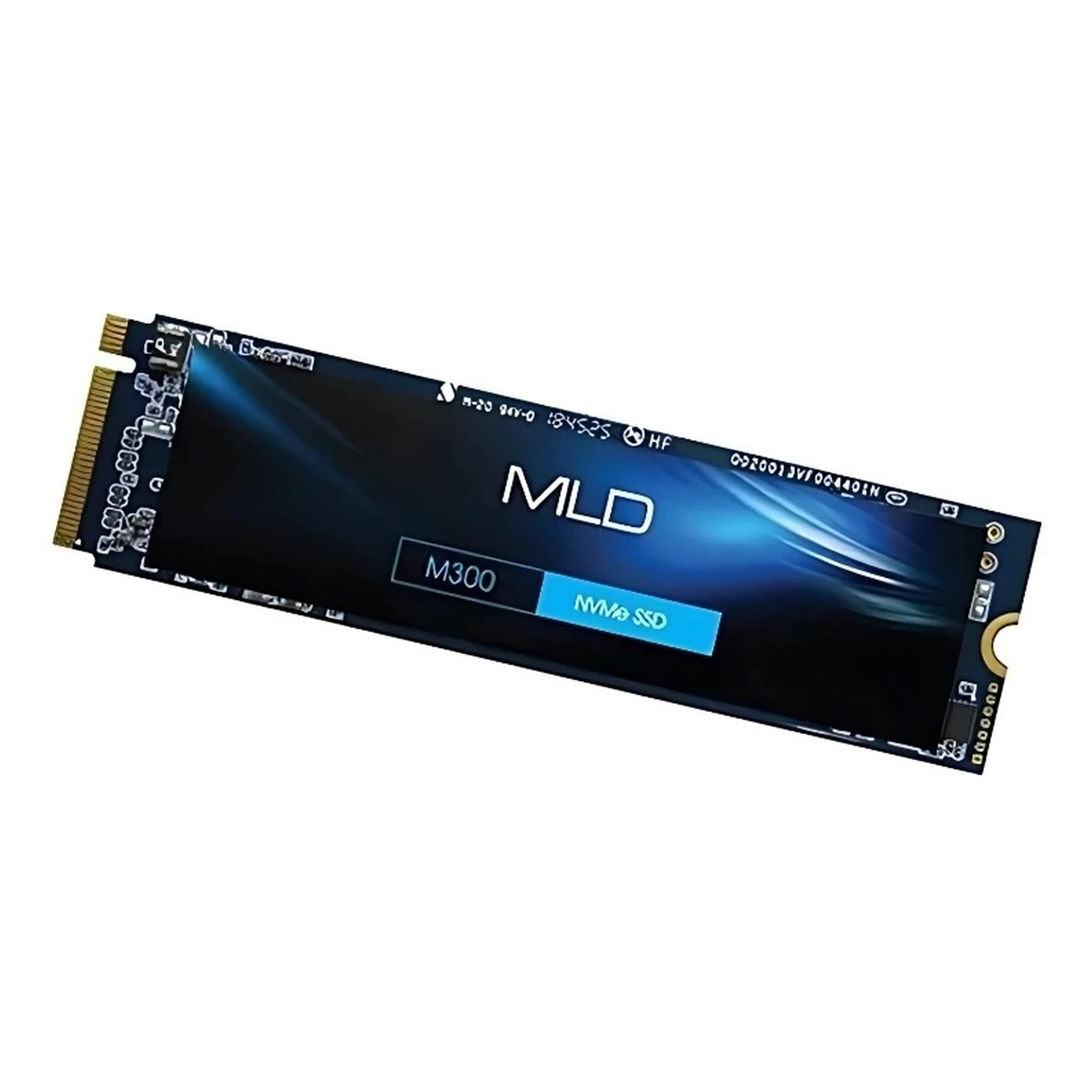 Beyaz arka plan üzerinde altın konektörlü siyah bir MLD M300 NVMe SSD.