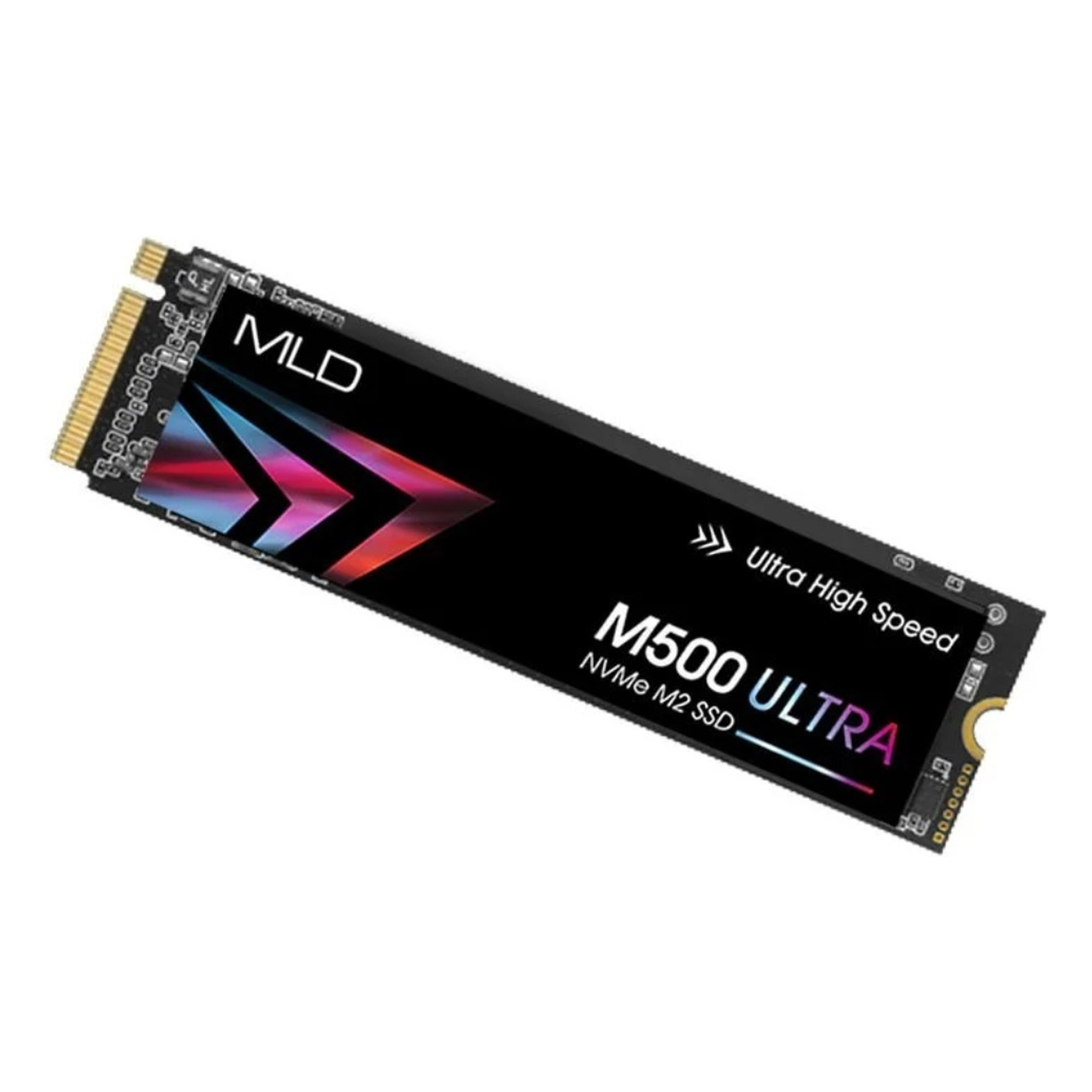 MLD ve M500 ULTRA etiketli siyah M.2 SSD, altın rengi konektör.