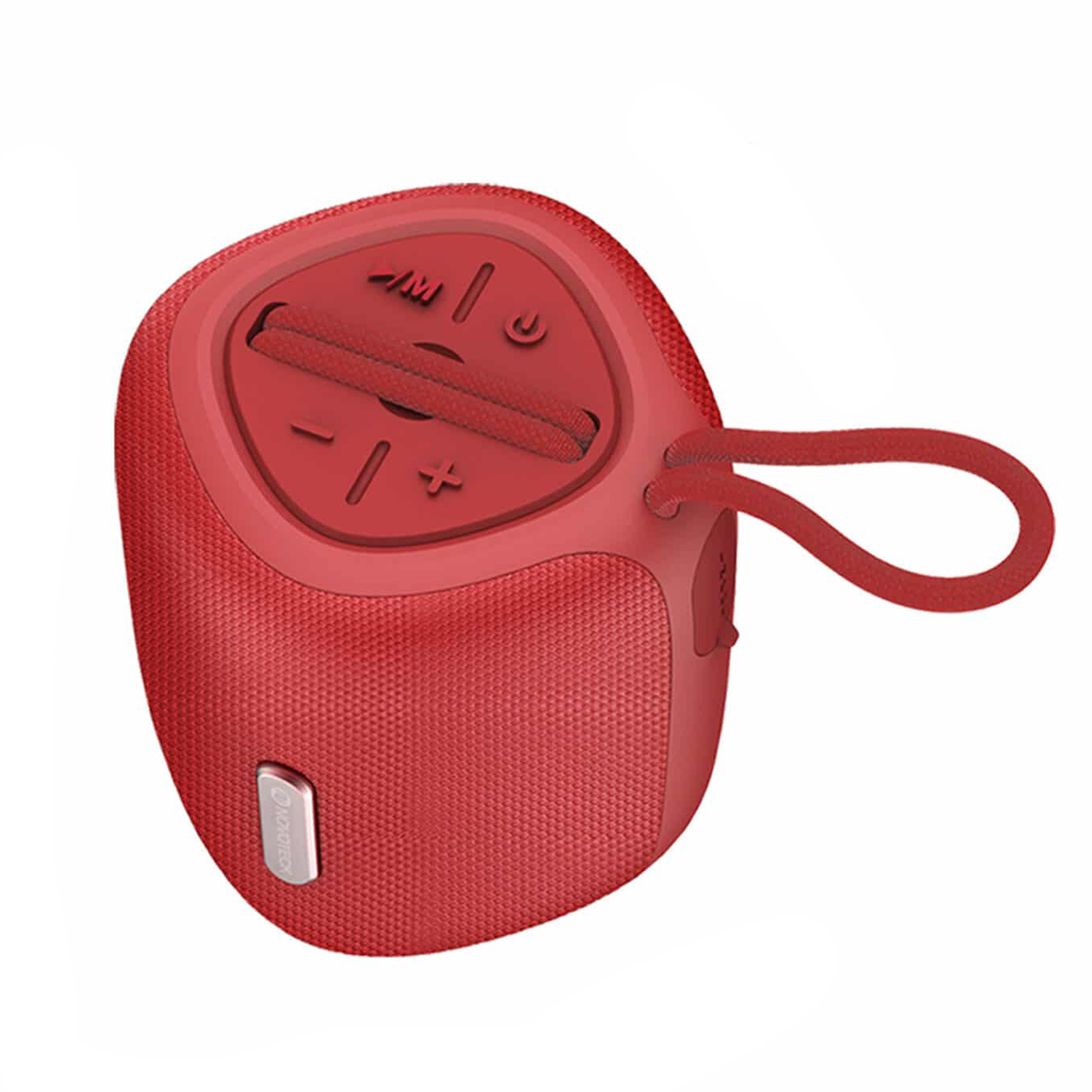 Altavoz Bluetooth rojo con correa y botones.