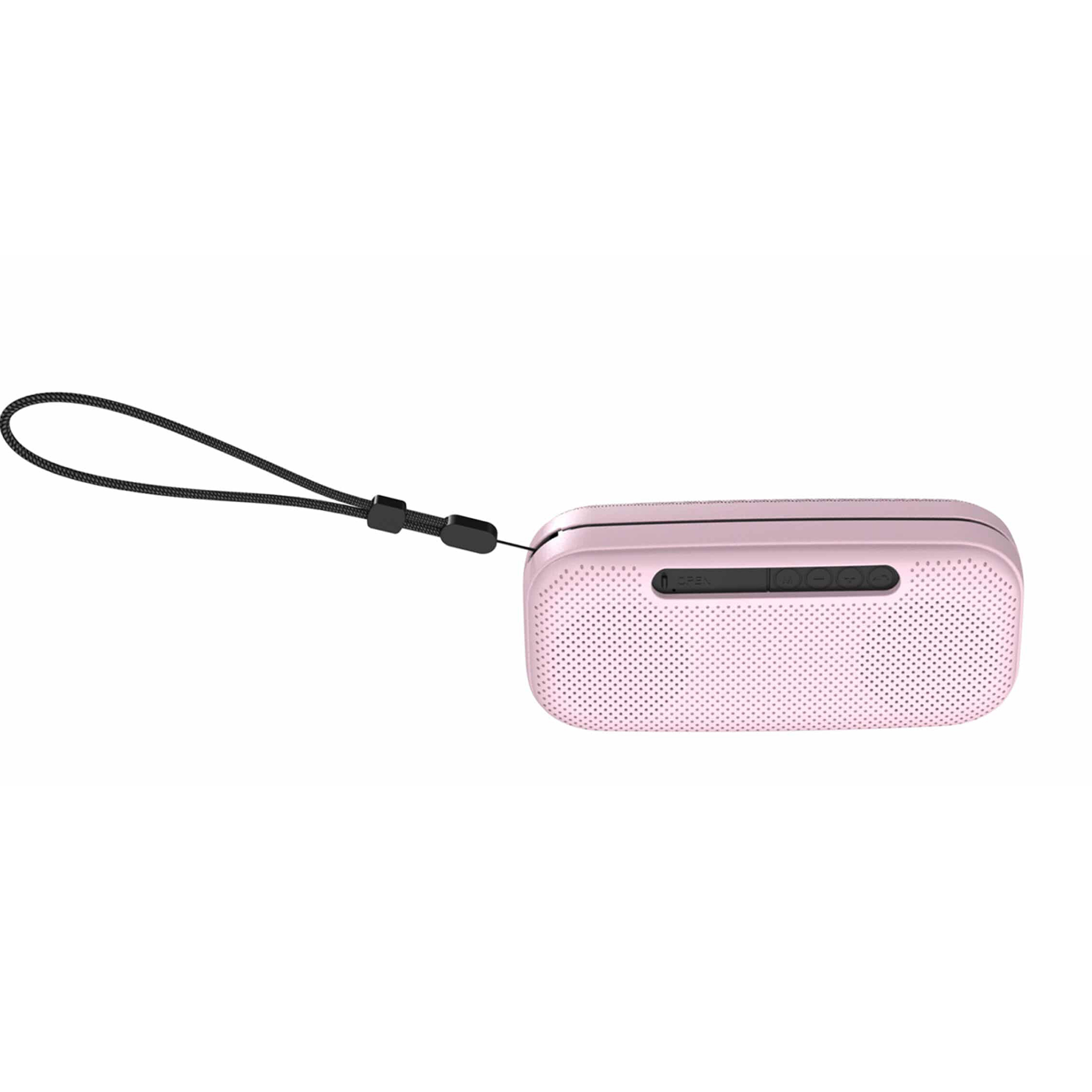 Un pequeño altavoz rosa con cordón negro y botones de control.
