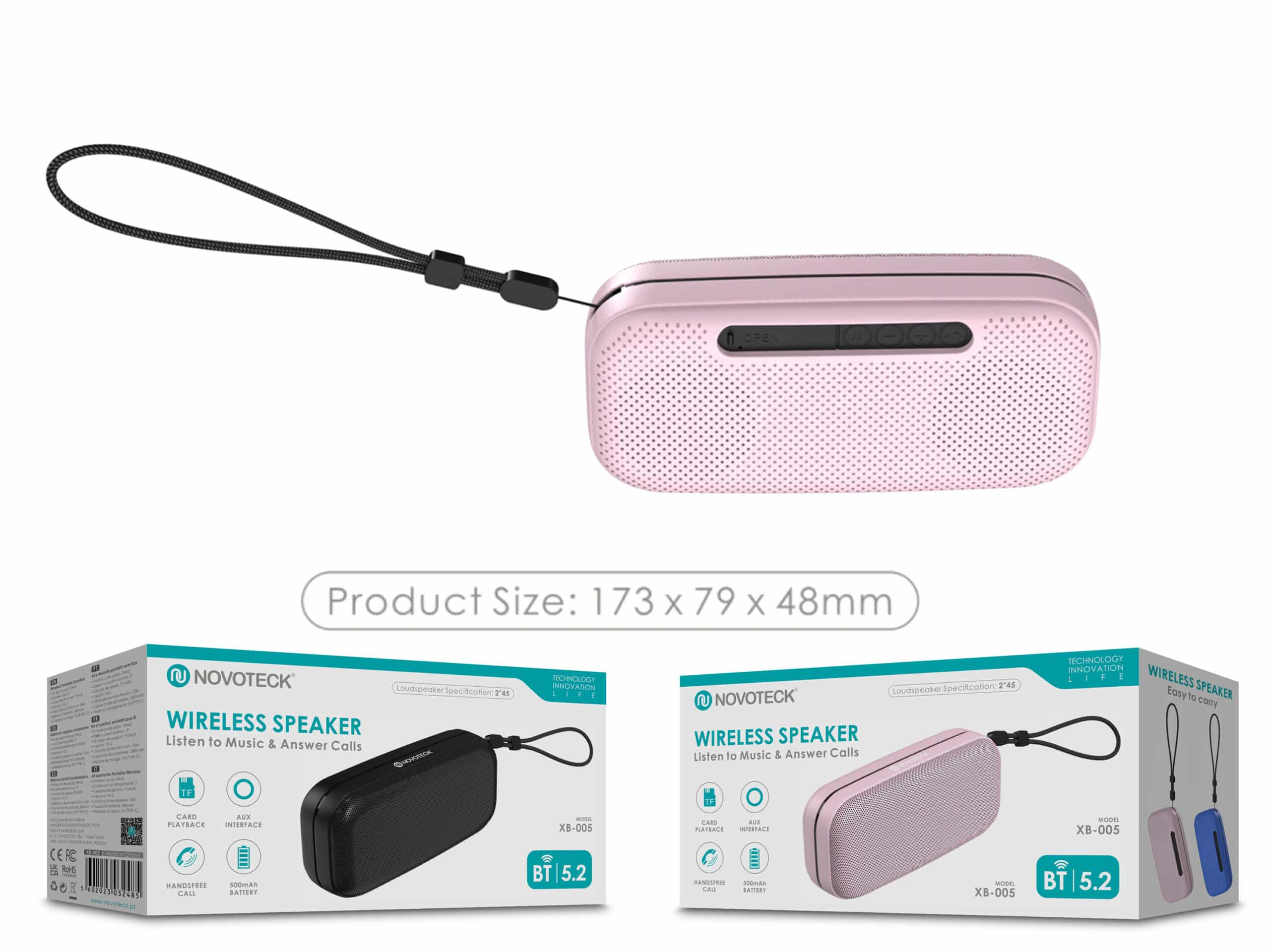 Un altavoz Bluetooth rectangular rosa con correa yace junto a su embalaje.