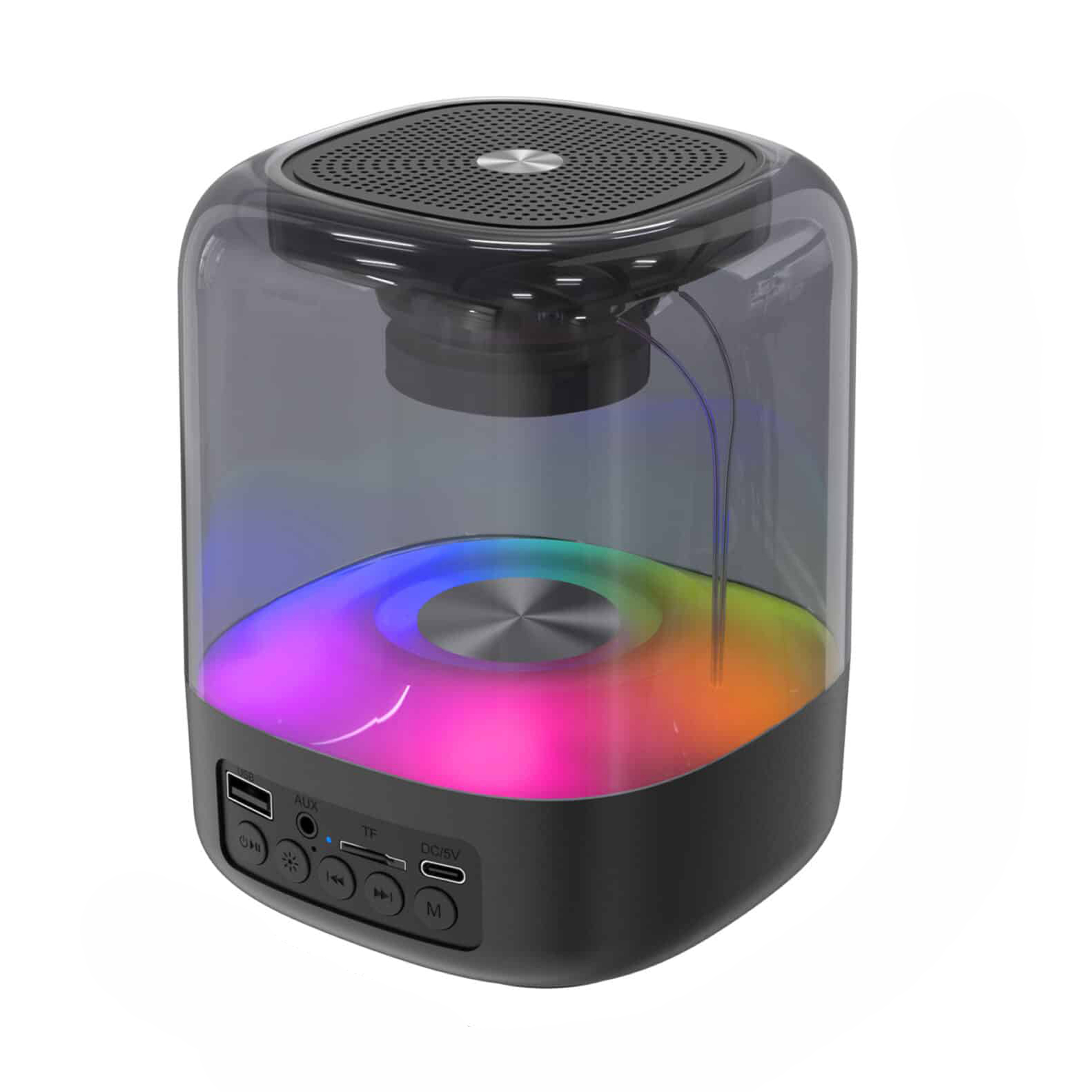 Un altavoz transparente con luces de colores y botones de control.