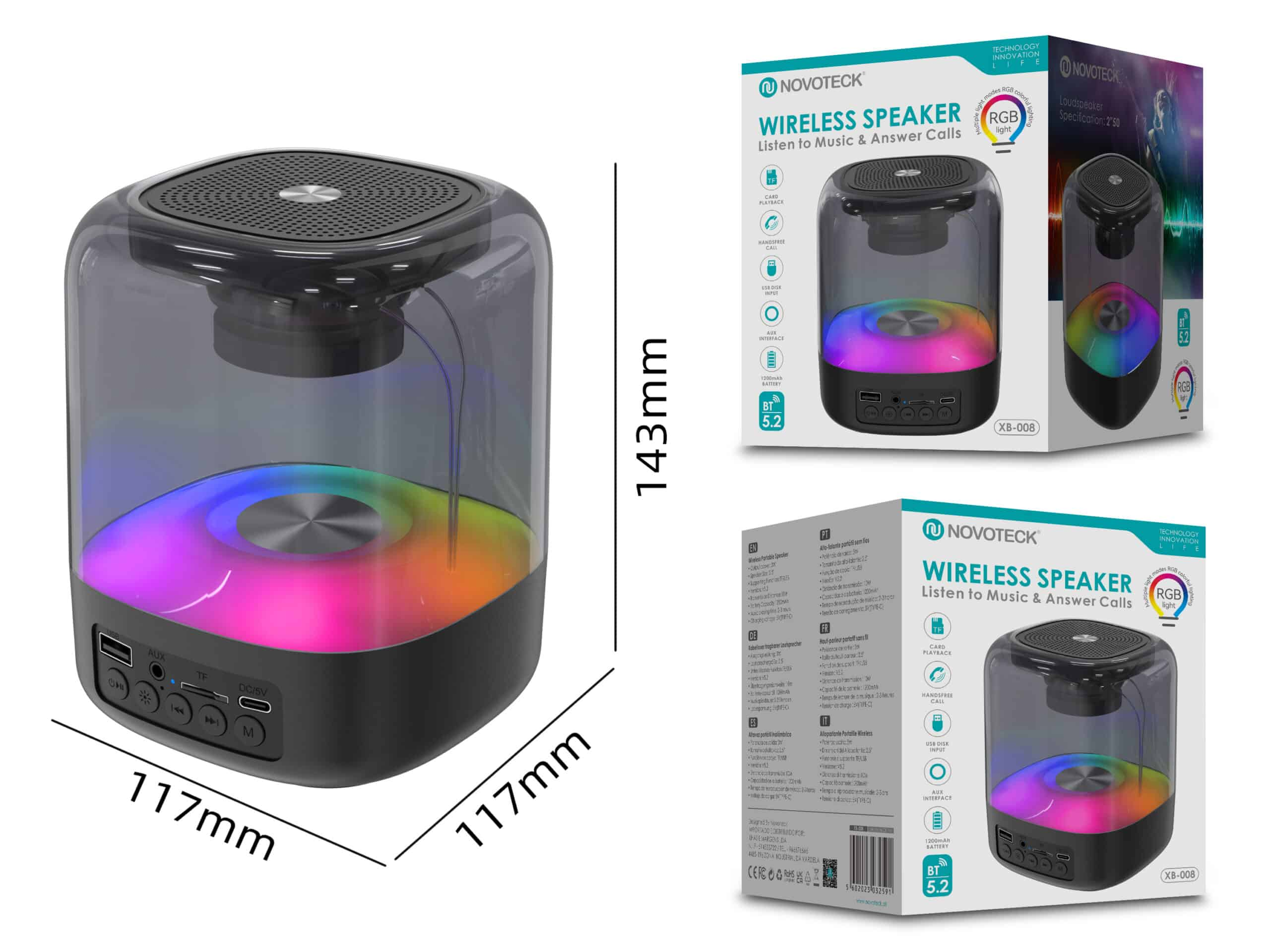 Altavoz cilíndrico negro y transparente con iluminación RGB y controles. 117x143mm.