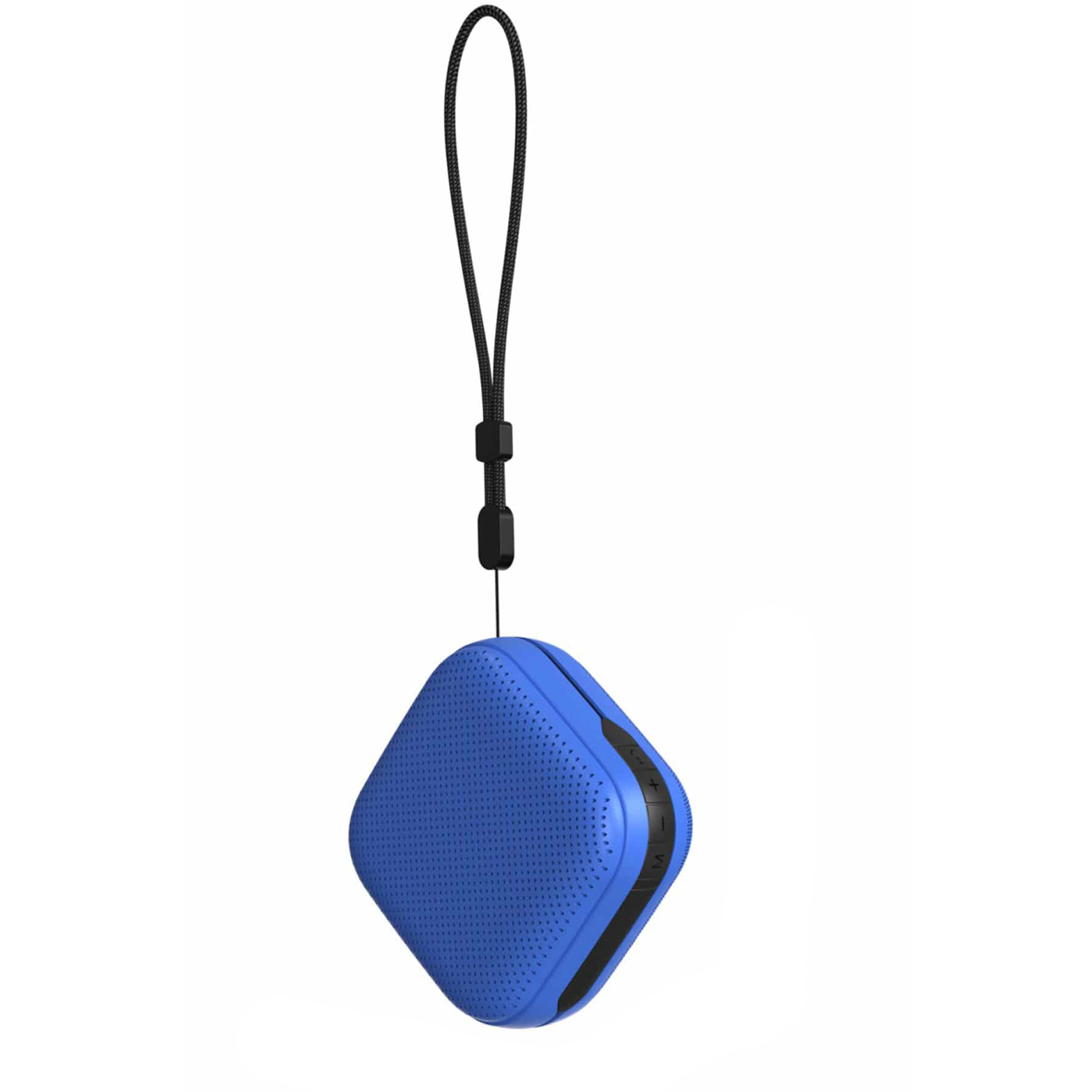 Un altavoz azul pequeño con cordón, aislado sobre fondo blanco.