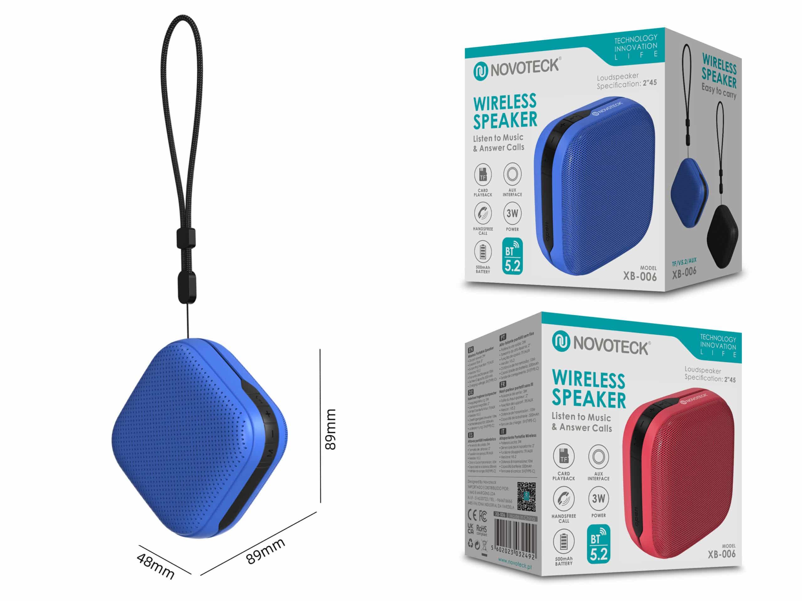 Altavoces Novoteck azul y rojo con cordón, 48x89mm, Bluetooth 5.2.