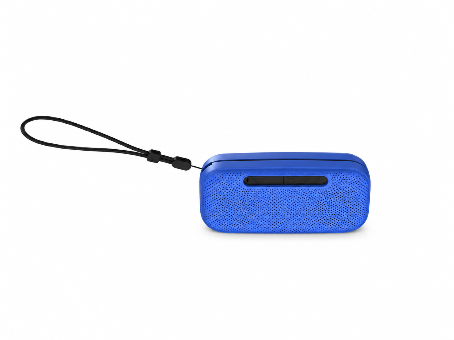 Un altavoz portátil azul con cordón negro sobre fondo blanco.