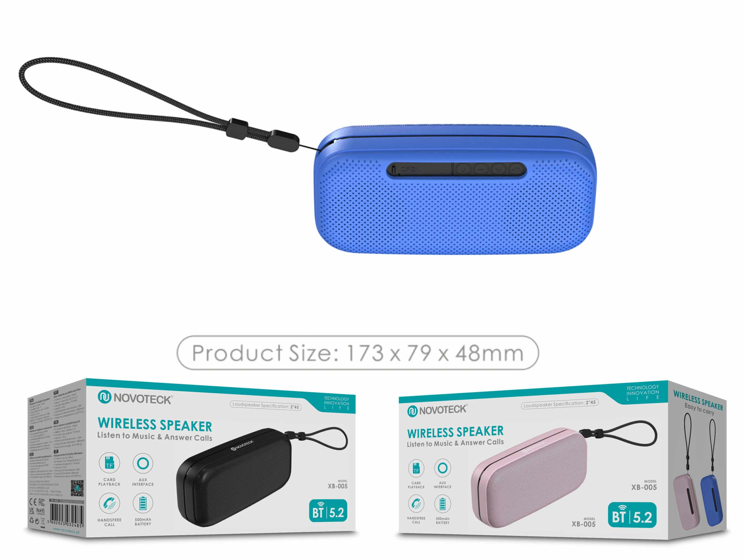Altavoces inalámbricos azul y rosa con embalaje y accesorios.