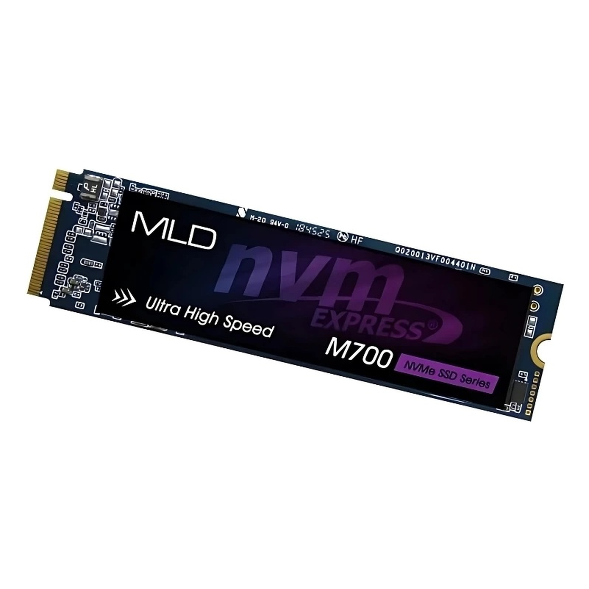 Altın konektörlü ve koyu PCB'li bir MLD M700 NVMe SSD.