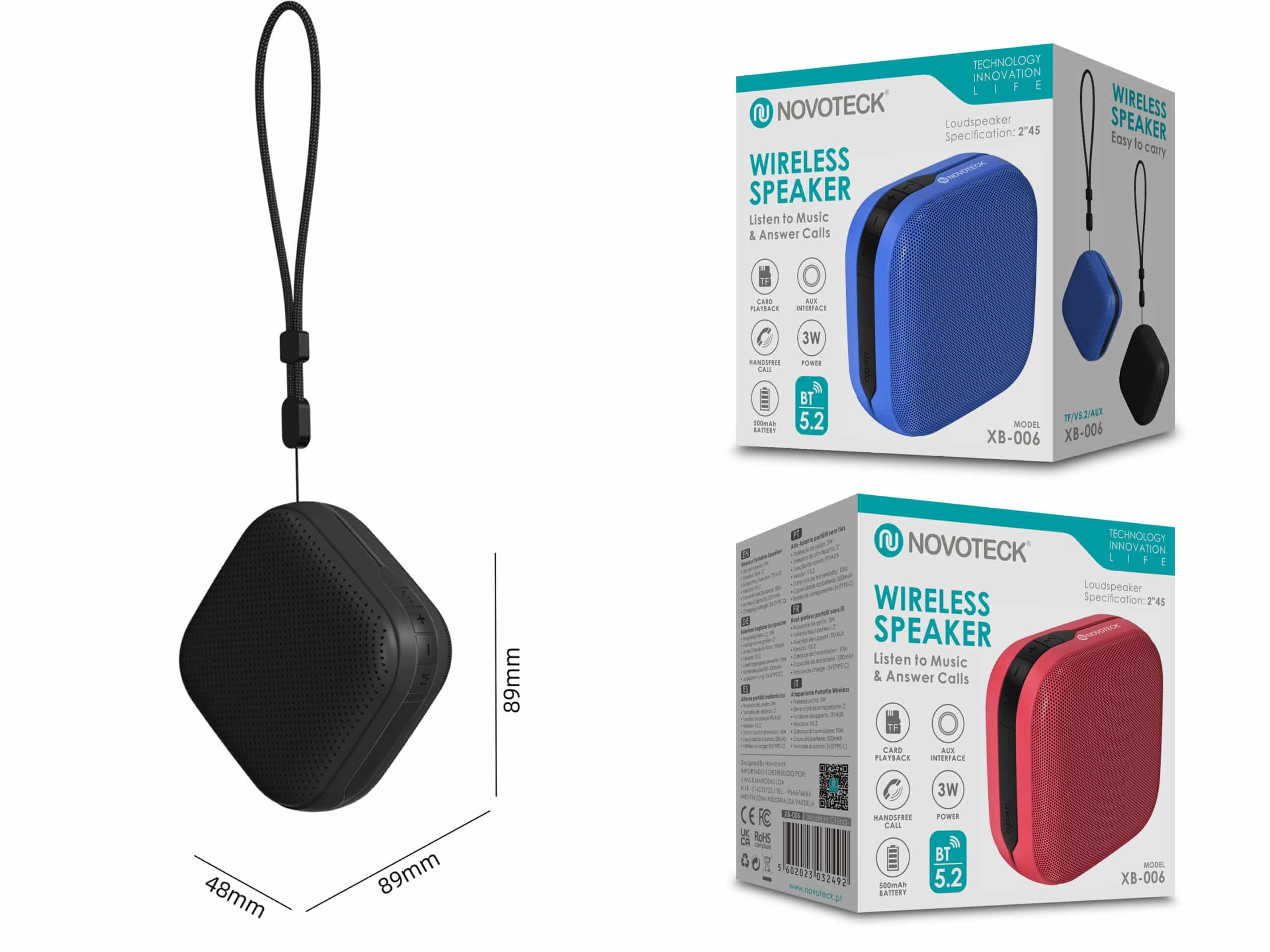 Dos altavoces Novoteck: azul y rojo, con cordón, 89x48mm.
